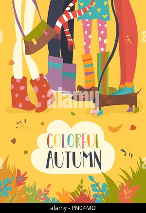 Funny illustration of woman legs in rubbers boots. Falling yellow and orange leaves around Stock Vector