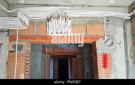 Switch board in new home. Electrical cables! Stock Photo