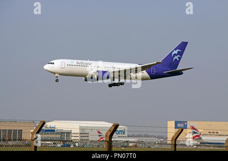 Bellview Airlines Boeing 767-241(ER) aircraft landing at London Heathrow airport. Stock Photo