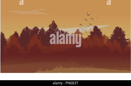 Beutiful Autumn Landscape Background with Autumn Colored Pine Tree Forest and Ascending Birds. Vector Illustration Stock Vector