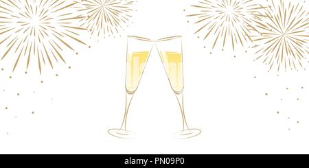 greeting card fireworks and two champagne glasses on white background happy new year vector illustration EPS10 Stock Vector