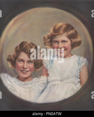 Princess Elizabeth the future Queen Elizebeth II and her sister Princess Margaret in a painted childhood portrait from 1937 Stock Photo