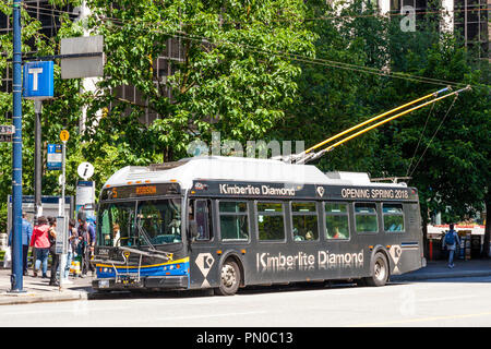 A trolley bus in Burrard Street in downtown Vancouver, British Columbia, Canada