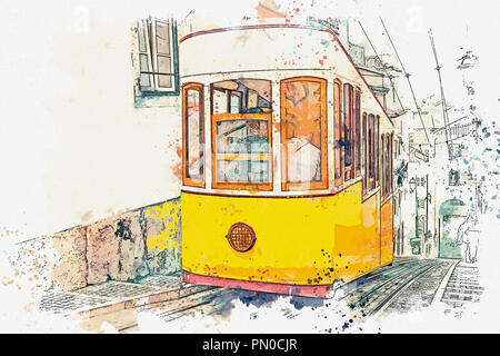 Sketch with watercolor or illustration of a traditional old tram moving down the street in Lisbon in Portugal. Stock Photo