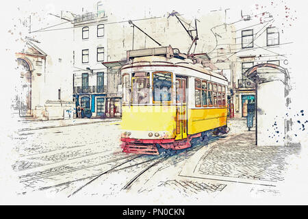 Sketch with watercolor or illustration of a traditional old tram moving down the street in Lisbon in Portugal. Stock Photo