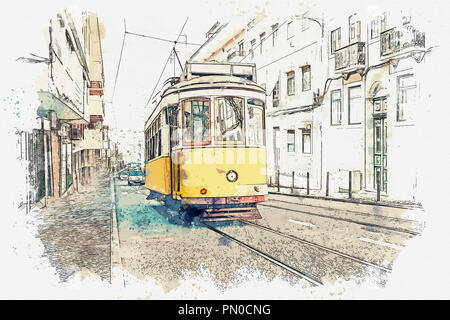 Sketch with watercolor or illustration of a traditional old tram moving down the street in Lisbon in Portugal. Stock Photo