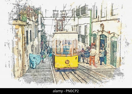 Sketch with watercolor or illustration of a traditional old tram moving down the street in Lisbon in Portugal. Stock Photo