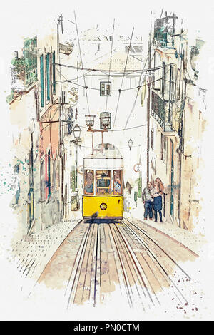 Sketch with watercolor or illustration of a traditional old tram moving down the street in Lisbon in Portugal. Stock Photo