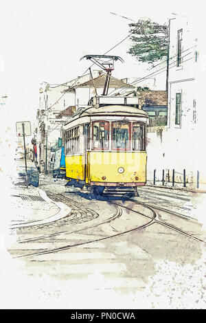 Sketch with watercolor or illustration of a traditional old tram moving down the street in Lisbon in Portugal. Stock Photo