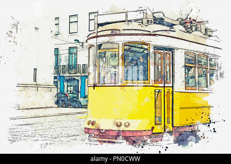 Sketch with watercolor or illustration of a traditional old tram moving down the street in Lisbon in Portugal. Stock Photo