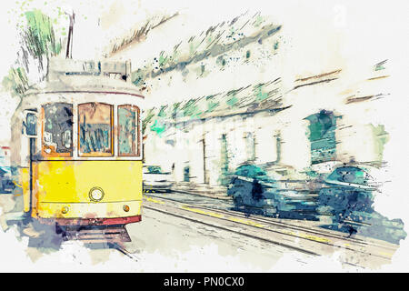 Sketch with watercolor or illustration of a traditional old tram moving down the street in Lisbon in Portugal. Stock Photo