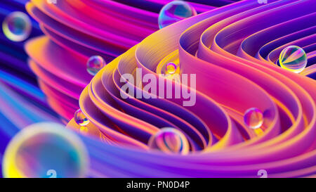 Abstract liquid shapes in motion with glass spheres and bokeh effect. Stock Photo