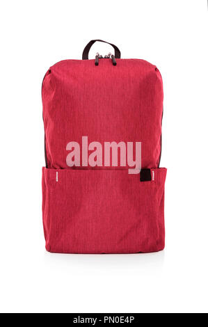 Red sporty backpack on a white background. Stock Photo