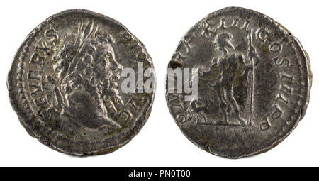 Ancient Roman silver denarius coin of Emperor Septimius Severus. Stock Photo