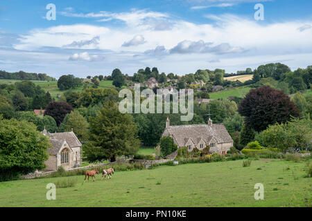 Looking across to the cotswold village of North Cerney, Gloucestershire, England Stock Photo