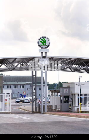 VRCHLABI, CZECH REPUBLIC - AUGUST 25 2018: Skoda Auto automobile manufacturer from Volkswagen Group company logo on plant gateway on August 25, 2018 Stock Photo