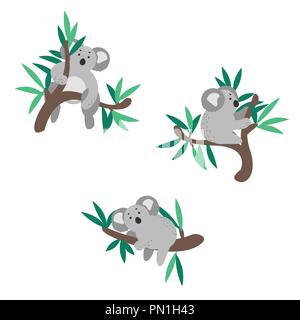 Cute koala bear climbing on eucalyptus tree vector clipart. Stock Vector