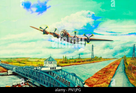 Lancaster Bomber, WW2, practice, flight, over River Nene and Sutton Bridge, Lincolnshire, prior to Dambusters Raid, Operation,  illustration Stock Photo