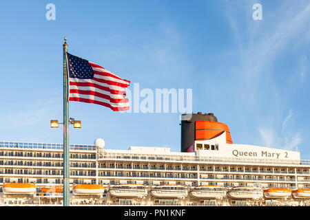 Cunard cruise liner Queen Mary 2 is pictured docked in Brooklyn, New York.  The liner is the flagship of the Cunard fleet. Stock Photo