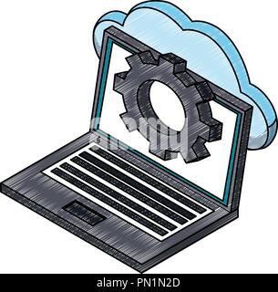 Laptop with cloud computing isometric scribble Stock Vector