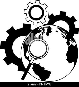 magnifying glass gears and cloud in black and white Stock Vector Image ...