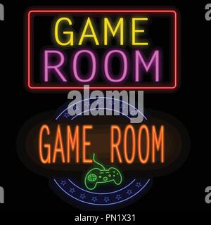 Game room glowing neon sign on black background, vector illustration Stock Vector