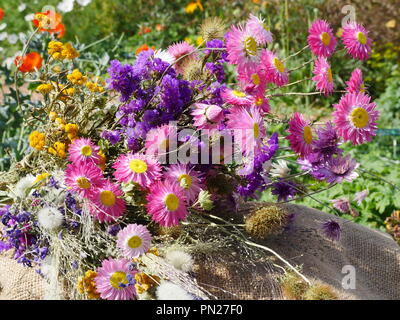 Bunch of Dried Flowers on hessian in flower garden Stock Photo