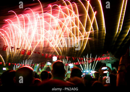 Izmir, Turkey - September 9, 2018. Republican Tree with flags, poeple and fireworks. For the celebration of the Independence day of  Izmir. The sculpt Stock Photo