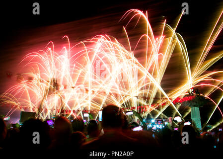 Izmir, Turkey - September 9, 2018. Republican Tree with flags, poeple and fireworks. For the celebration of the Independence day of  Izmir. The sculpt Stock Photo