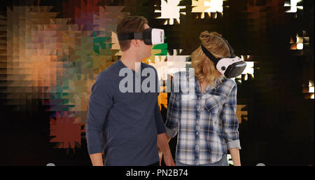 Male and female using smart phone VR headsets on changing abstract background Stock Photo