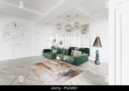 Morning in luxurious light interior in the Baroque style. Bright and clean interior design of a luxury living room with parquet wood floors, fireplace, sofa and houseplant. Stucco on walls Stock Photo