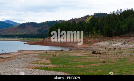 The lake of Vallecito in southern Colorado has dropped water levels significantly.  Due to drought and local fires they had to use the water to fight. Stock Photo