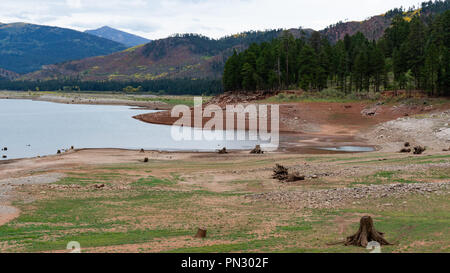 The lake of Vallecito in southern Colorado has dropped water levels significantly.  Due to drought and local fires they had to use the water to fight. Stock Photo