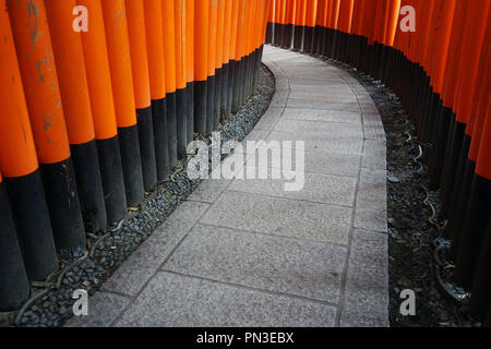 Path between red torii gates, Fushimi Inari shrine, Kyoto, Japan. No PR Stock Photo