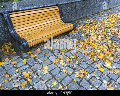 park in autumn. wooden bench on stone pavement with colorful bright fallen leaves Stock Photo