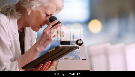 Mature female scientist takes notes on tablet computer and uses microscope Stock Photo