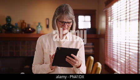 Happy older woman playing with portable tablet computer in her living room Stock Photo