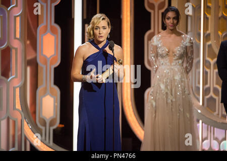 Kate Winslet accepts the Golden Globe Award for BEST PERFORMANCE BY AN ACTRESS IN A SUPPORTING ROLE IN A MOTION PICTURE for her role in 'Steve Jobs' at the 73rd Annual Golden Globe Awards at the Beverly Hilton in Beverly Hills, CA on Sunday, January 10, 2016. Stock Photo