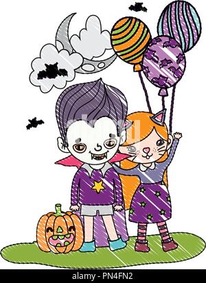 grated girl and boy costumes with balloons and pumpkin Stock Vector