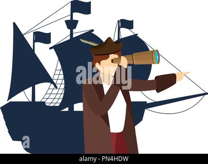 man christopher with monocular and ships sails Stock Vector