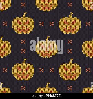 Halloween knitted pattern. Seamless Knitting Texture with cute pumpkin. Design for sweater, scarf, comforter or clothes texture. Vector illustration. Stock Vector
