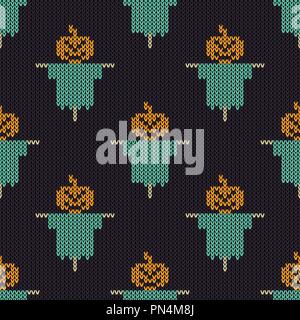 Halloween knitted pattern. Seamless Knitting Texture with pumpkin scarecrow. Design for sweater, scarf, comforter or clothes texture. Vector illustrat Stock Vector