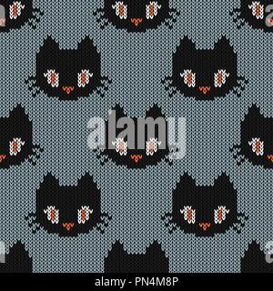 Halloween knitted pattern. Seamless Knitting Texture with cute cat. Design for sweater, scarf, comforter or clothes texture. Vector illustration. Stock Vector