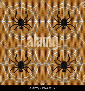 Halloween knitted pattern. Seamless Knitting Texture with spider and web. Design for sweater, scarf, comforter or clothes texture. Vector illustration Stock Vector