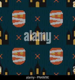 Halloween knitted pattern. Seamless Knitting Texture with monster and castle. Design for sweater, scarf, comforter or clothes texture. Vector illustra Stock Vector