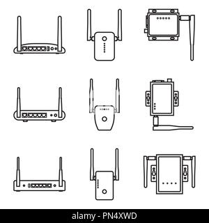 Set of wireless deviceicon. Modem, router and repeater. Vector thin line Stock Vector