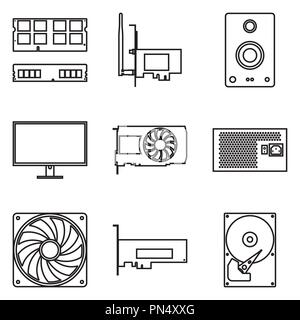 Computer components icon set. Thin line vector Stock Vector