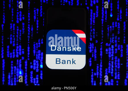 Danske Bank logo is seen on an android mobile phone. Stock Photo