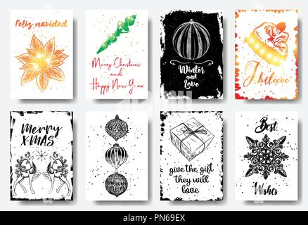 Set of hand drawn Christmas greeting cards. Great print for invitations, posters, tags. Feliz navidad, Winter and Love, I believe, Merry X-MAS, Best W Stock Vector