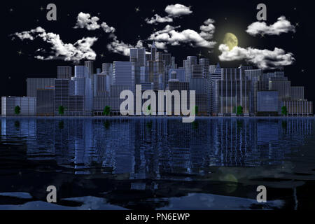 3D illustration. City. Skyline on the sea with the background of night sky. Stock Photo